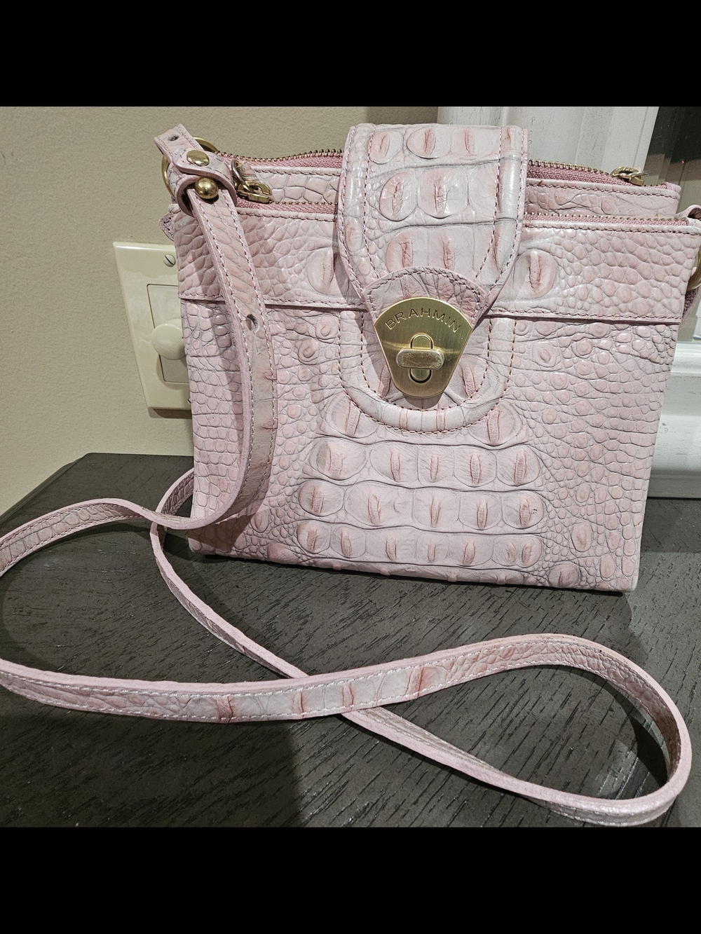 Brahmin Pale Pink Croc-Embossed Leather Crossbody with Gold-Tone Turn Lock